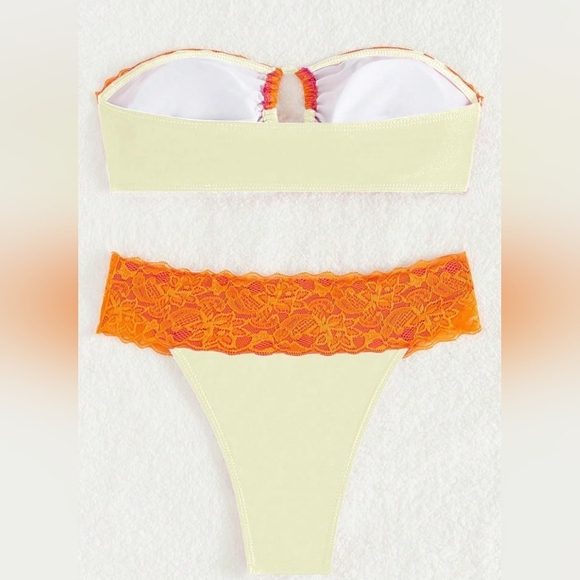 NEW Boho Butterly Orange and Cream Lace Bandeu Summer Bikini-(#1,462) - Picture 4 of 6
